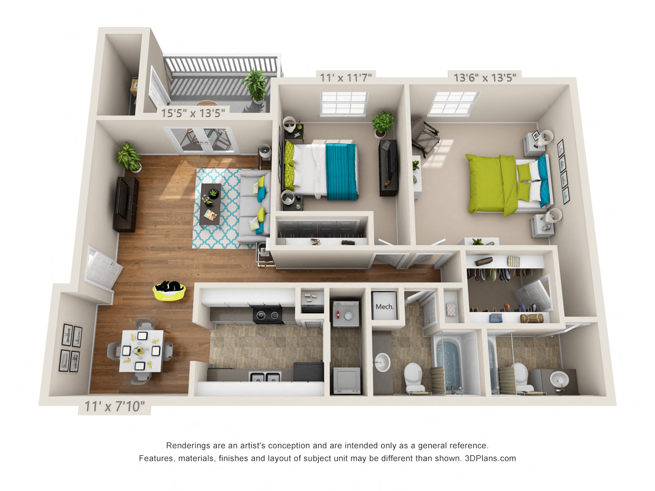 Floor plan for 2 beds, 2 baths, 1033 sqft